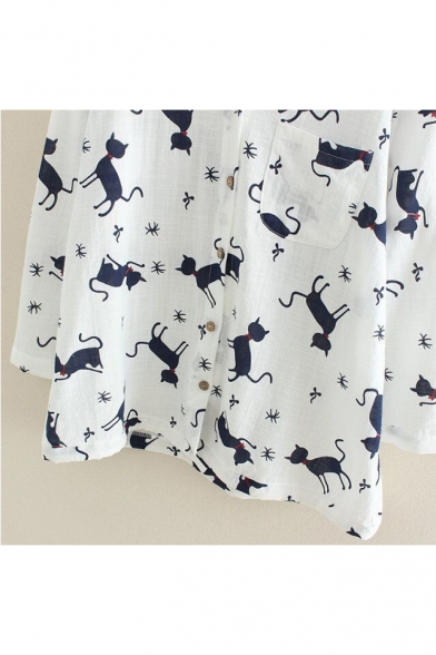 Cartoon Cat Printed Long Sleeve Single Breasted Hooded Linen Sun Protection Coat