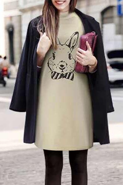 Cute Cartoon Rabbit Printed Long Sleeve Round Neck Mini Sweatshirt Dress