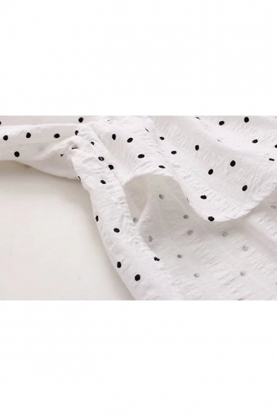 Fresh Polka Dot Pattern Half Sleeve Gathered Waist Buttons Down Shirt