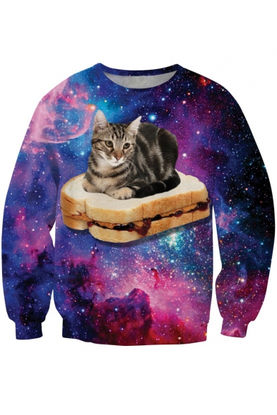 Galaxy Cat Pattern Round Neck Long Sleeve Loose Casual Sweatshirt