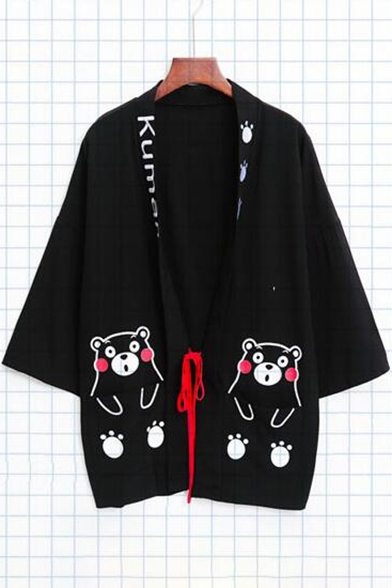 Lovely Cartoon Bear Printed Chic Tie Front Kimono Coat for Couple