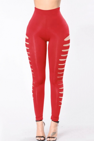 New Arrival High Waist Hollow Out Side Plain Skinny Sports Leggings