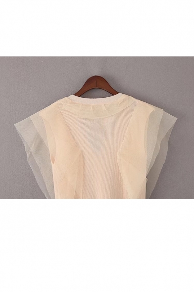 New Arrival Mesh Patchwork Single Breasted Sleeveless V-Neck Plain Knitted Vest
