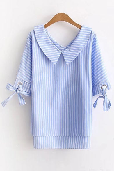 Peter-Pan Collar Bow Tie Cuff Striped Printed High Low Hem Pullover Blouse