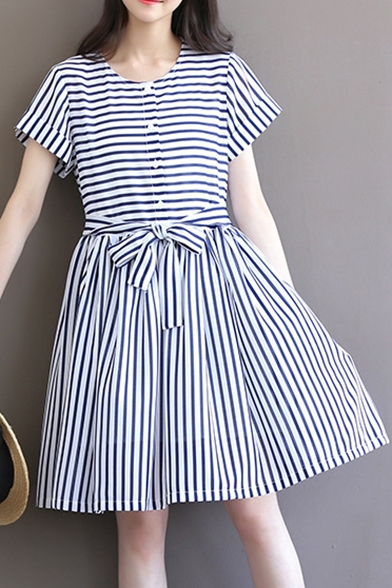 Round Neck Short Sleeve Buttons Down Bow Tie Waist Striped A-Line Midi Dress