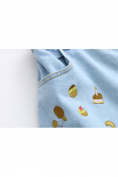 Summer Embroidery Pattern Fringe Hem Elastic High Waist Button Closure Denim Shorts