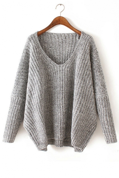 V Neck Long Sleeve Oversize Leisure Plain High Low Pullover Sweater