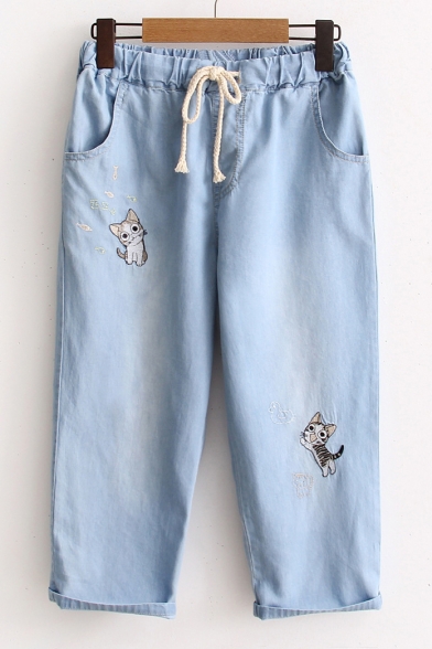 Cartoon Cat Embroidered Elastic Drawstring Waist Loose Capris Jeans