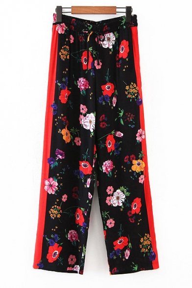 Color Block Floral Printed Drawstring Elastic Waist Wide Leg Pants