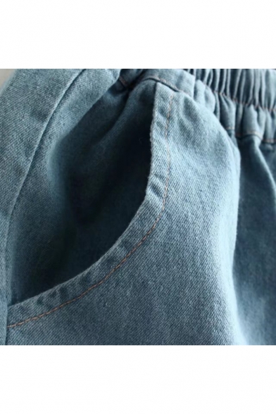 Elastic Waist Bow Decoration Plain Denim Shorts with Slanting Pockets