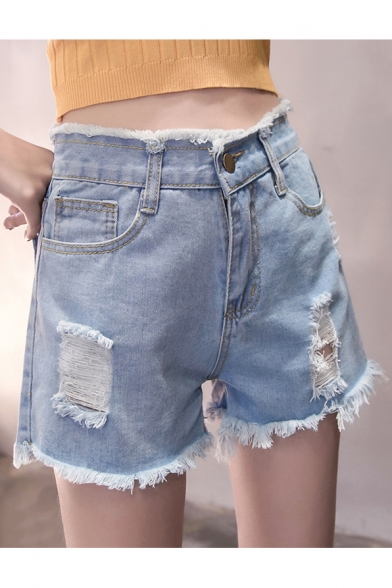 Fashion Summer High Waist Fringe Hem Ripped Plain Denim Shorts