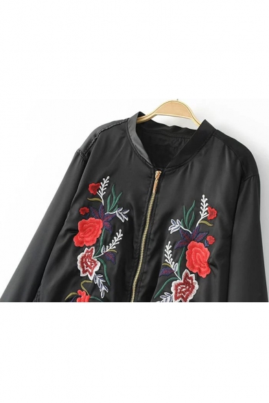 Floral Embroidered Stand Up Collar Long Sleeve Baseball Jacket