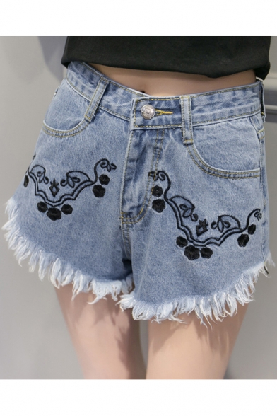Floral Embroidered Summer's Fringe Hem Leisure Denim Shorts