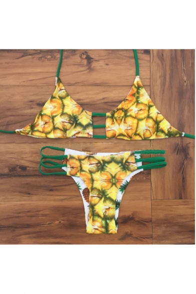Fresh Pineapple Printed Halter Neck Cut Out Side Bottom Swimwear