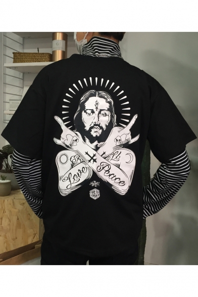 Funny Rock Jesus Printed Short Sleeve Round Neck Loose Street Style T-Shirt