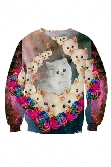 Galaxy Floral Cat Pattern Round Neck Long Sleeve Fashion Sweatshirt