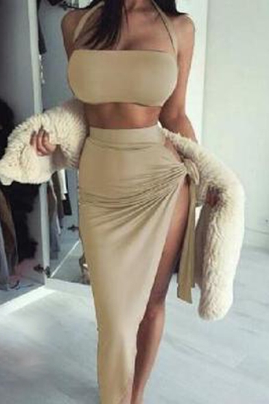 Hot Fashion Sexy Plain Halter Neck Cropped Tee with Bodycon Asymmetrical Skirt