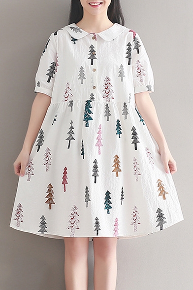 Lapel Collar Short Sleeve Trees Printed Buttons Down Midi Smock A-Line Dress