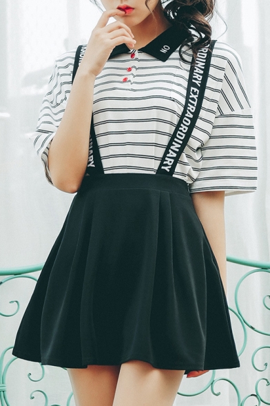 Letter Printed Straps Basic Leisure A-Line Mini Overall Skirt