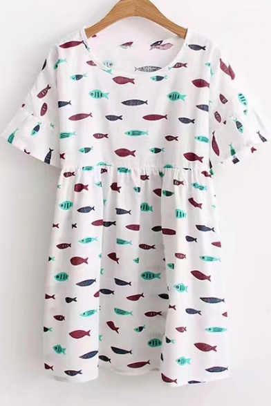 Lovely Cartoon Fish Printed Short Sleeve Round Neck Mini T-Shirt Dress