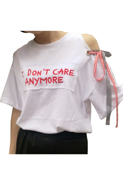 New Arrival Cutout Shoulder Short Sleeve Embroidery Letter Pattern Round Neck Tee