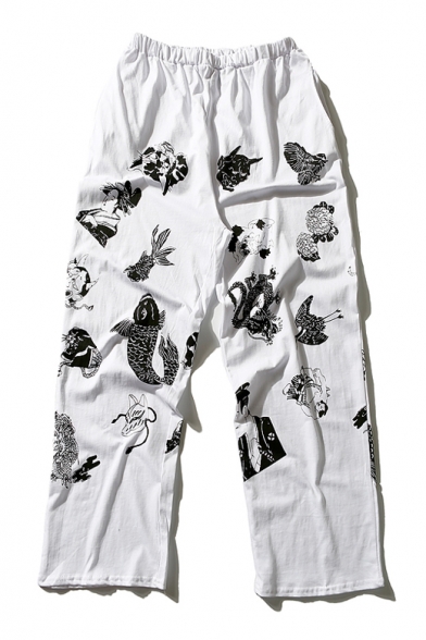 New Collection Cartoon Printed Elastic Waist Wide Legs Leisure Sports Pants