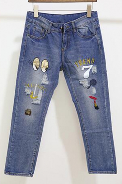 Oversize Ripped Embroidery Pattern Fashion Straight Ankle Jeans