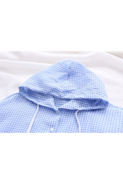 Plaids Pattern Hooded High Low Buttons Down Sun Protection Coat