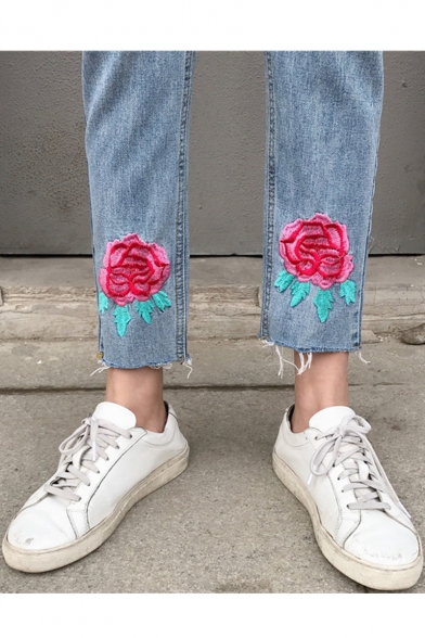 Retro Floral Rose Embroidered Ripped Summer's Skinny Capris Jeans