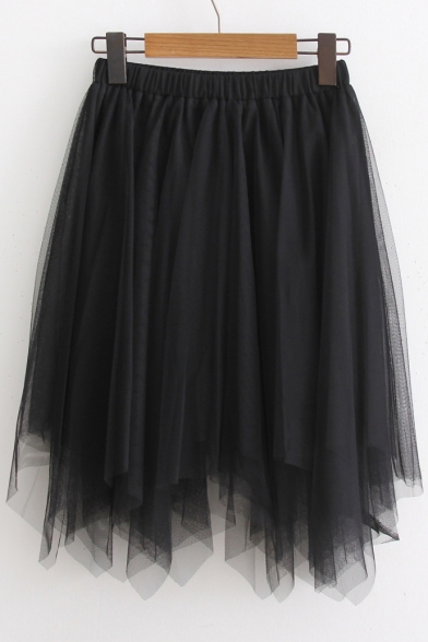 Summer Arrival Elastic Waist Plain Mesh Asymmetric Skirt