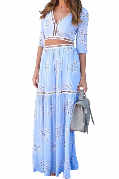 Summer's Plunge Neck Half Sleeve V Open Back Cropped Top with Maxi Skirt