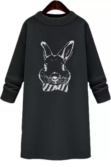 Cute Cartoon Rabbit Printed Long Sleeve Round Neck Mini Sweatshirt Dress