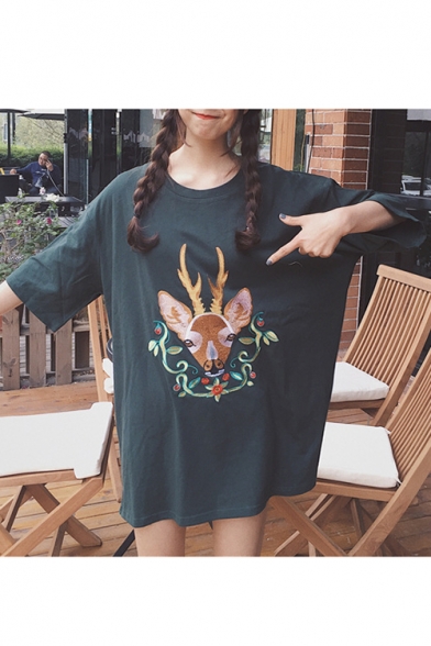 Floral Cartoon Deer Printed Round Neck Short Sleeve Loose Tunic T-Shirt