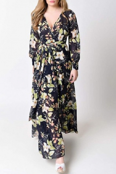 Floral Printed Plunge V-Neck Long Sleeve Belt Waist Maxi Wrap Dress