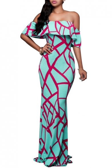 Hot Fashion Off The Shoulder Short Sleeve Ruffle Hem Color Block Maxi Bodycon Dress