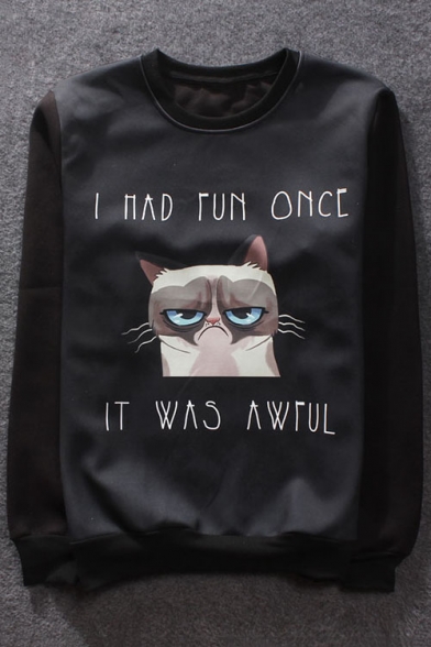 Letter Cartoon Cat Printed Round Neck Long Sleeve Unisex Pullover Sweatshirt