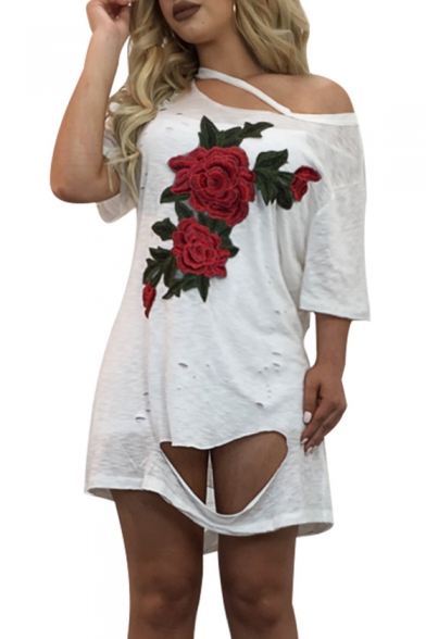 New Fashion One Shoulder Floral Printed Short Sleeve Cut Out Mini T-Shirt Dress