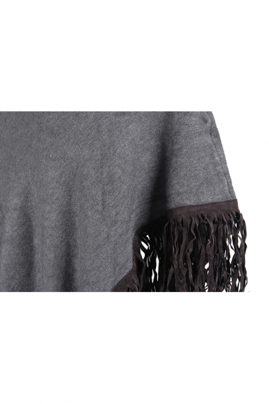 New Fashion Plain Asymmetrical Tassel Hem Pullover Cape Knit Coat