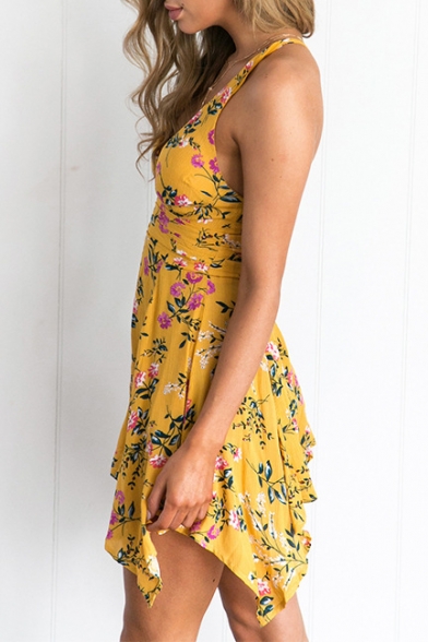 Plunge Neck Sleeveless Floral Pattern Asymmetrical Trim Rompers