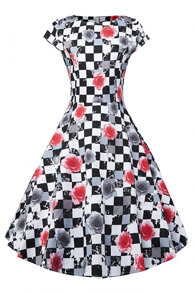 Retro Geometric Floral Printed Round Neck Short Sleeve A-Line Flared Evening Dress