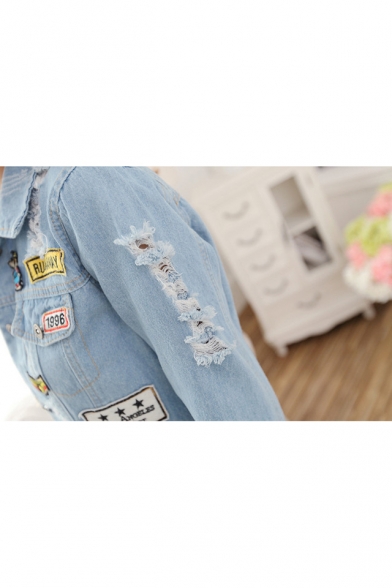 Stylish Letter Patched Ripped Lapel Collar Long Sleeve Buttons Down Denim Jacket