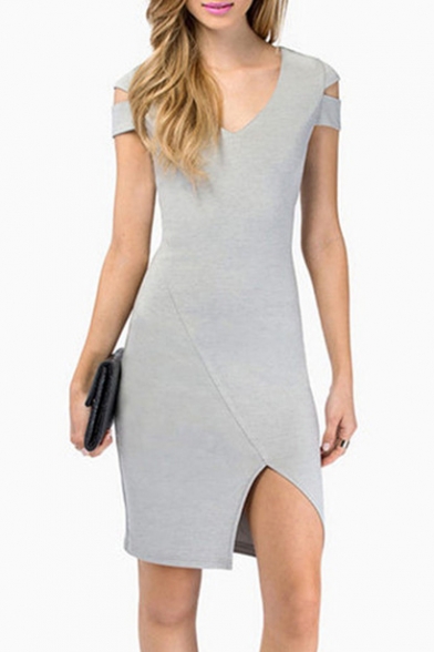 V Neck Short Sleeve Hollow Out Sleeve Plain Slit Side Mini Bodycon Dress