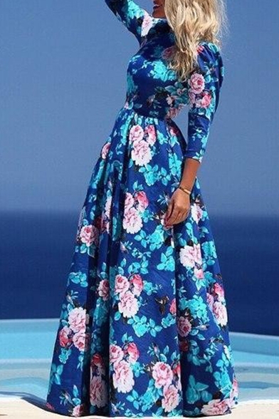 Women's Floral Printed Color Block 3/4 Length Sleeve Round Neck Zip Back Maxi A-Line Dress