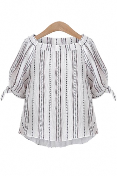 Boat Neck Half Sleeve Bow Tie Cuff Striped Printed Pullover Blouse ...