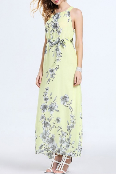 Chic Floral Printed Sleeveless Square Neck Maxi A-Line Dress