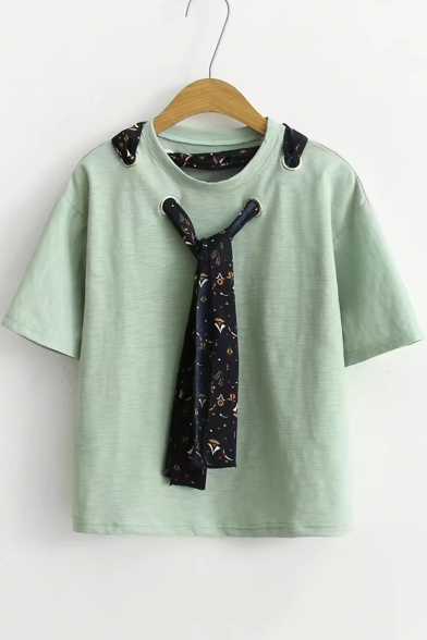 Floral Print Tie Round Neck Short Sleeve Pullover Leisure T-Shirt