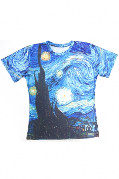 Galaxy Printed Round Neck Short Sleeve Leisure Loose Pullover T-Shirt