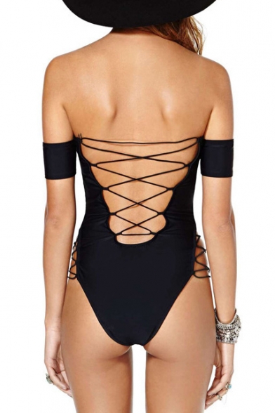 Hot Fashion Sexy Off The Shoulder Short Sleeve Hollow Out Plain One Piece Swimwear