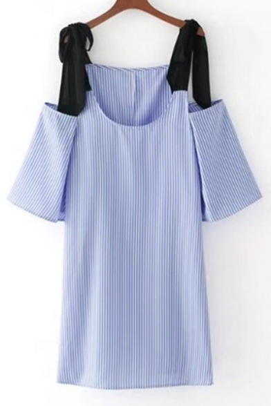New Arrival Cold Shoulder Contrast Straps Half Sleeve Striped Mini Shift Dress