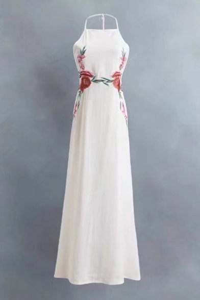 New Arrival Floral Embroidered Halter Neck Open Back Midi A-Line Dress